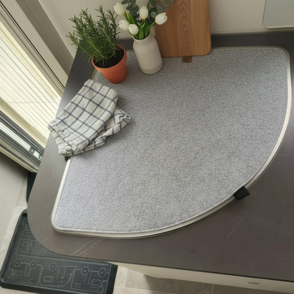 liebevoll dekorierte herdabdeckung im Wohnmobil in hellgrau meliert