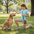 Ein Mädchen mit der Gassitasche trainiert ihren Hund
