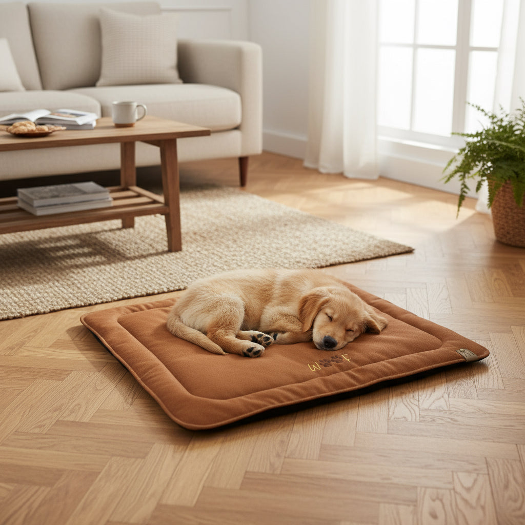 Ein Welpe schläft auf der Hundedecke