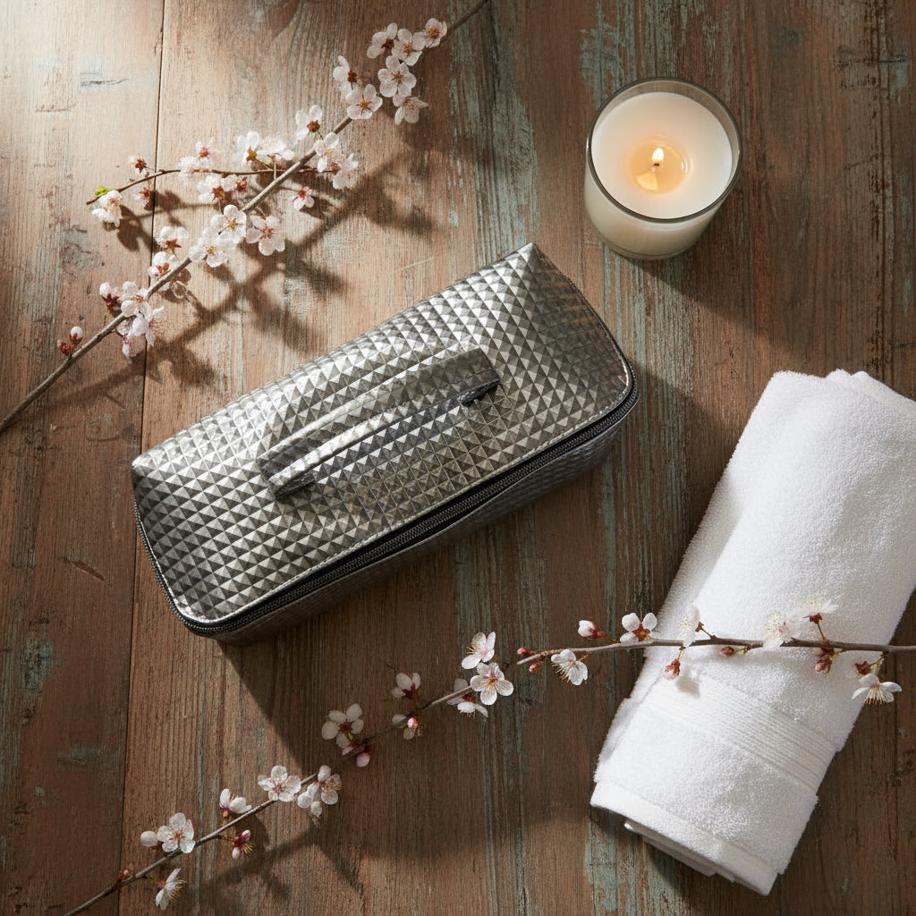 Kosmetiktasche geschlossen auf einem Holztisch