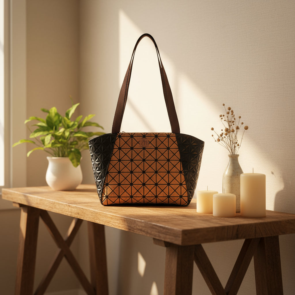 Kork-Shopper auf einem Holztisch mit Kerzen und Blumenvase