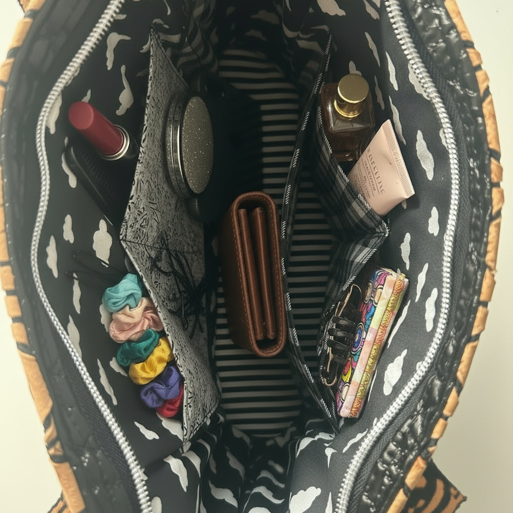 Innenansicht des Futters, Schwarz mit kleinen weißen Wolken und 4 Innentaschen seitlich