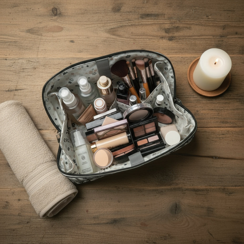 Eine gefüllte Kosmetiktasche auf einem Holztisch 