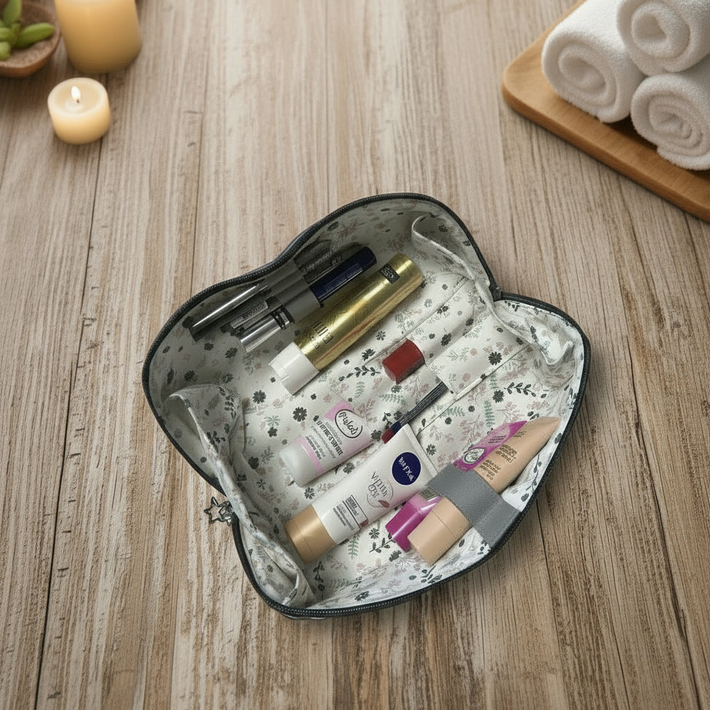 Kosmetiktasche mit einigen Kosmetikartikeln gefüllt