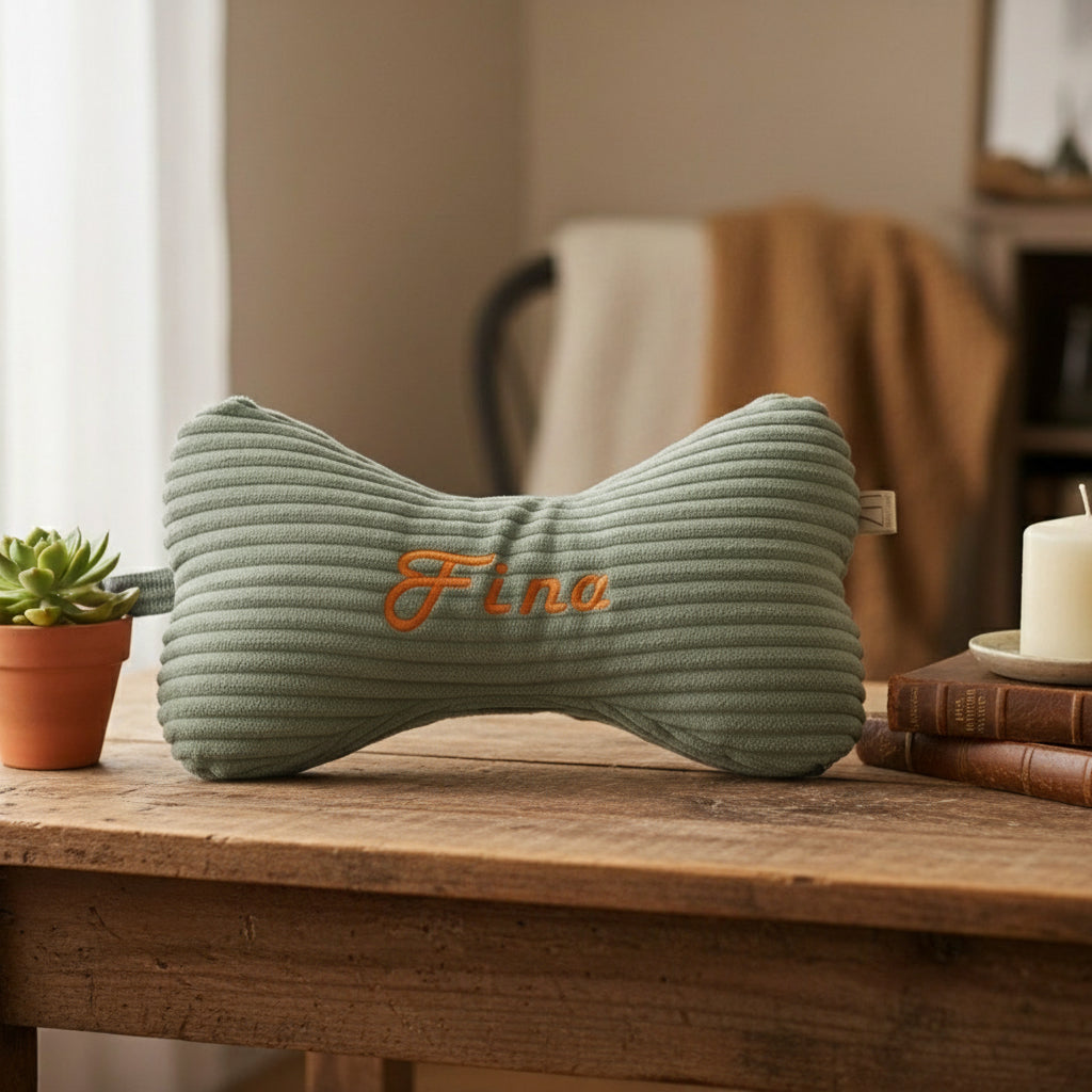 Salbeigrüner Leseknochen auf einem Holztisch, personalisiert mit dem Namen „Fina“ in Orange gestickt.