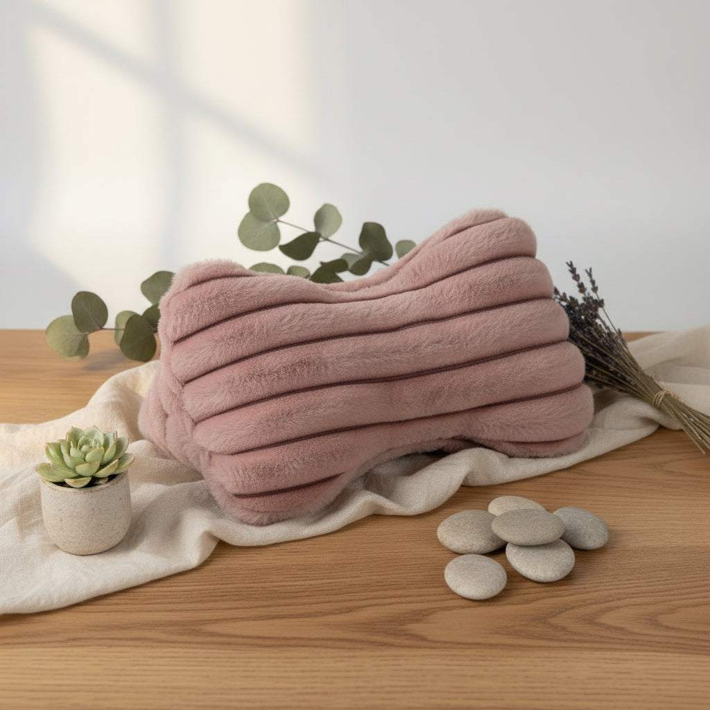 Leseknochen aus rosafarbenem Kunstfell in Streifenoptik