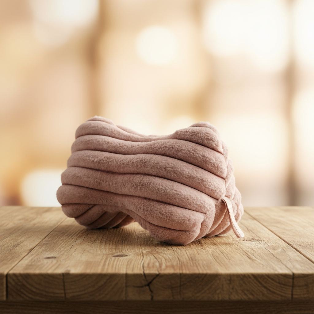 Leseknochen aus Kunstfell in altrosa auf einem rustikalen Holztisch