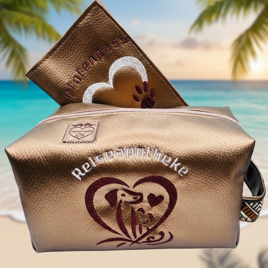 Bronzefarbene Reiseapothek mit Stickerei und Pfotenpass