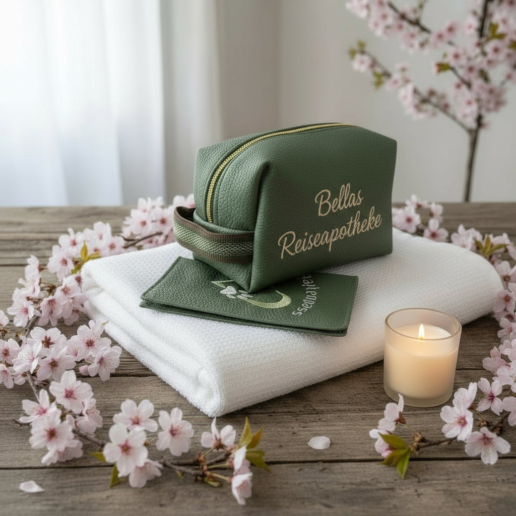 Reiseapotheke mit Pfotenpass aus grünem Kunstleder