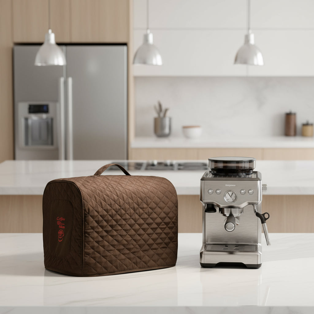 Schutzhülle aus schwarzem Softshell, gesteppt, mit Stickerei auf der Vorderseite, für eine Siebträgermaschine in einer modernen Küche