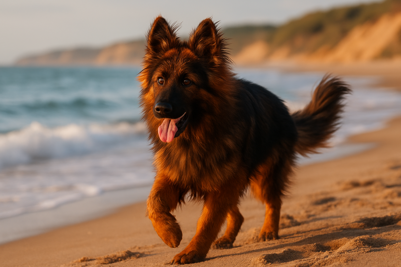 ein junger, altdeutscher Schäferhund spielt am Strand